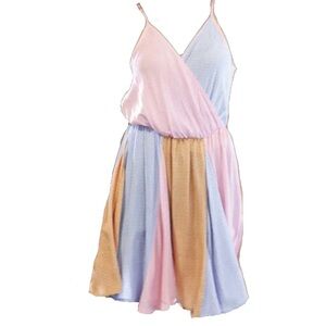 Pink/Blue/Tan Flowy Ditzy Floral Peplum Fit Boho Dress, Large